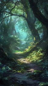 Luminous Forest Path Through Ancient Woodland.