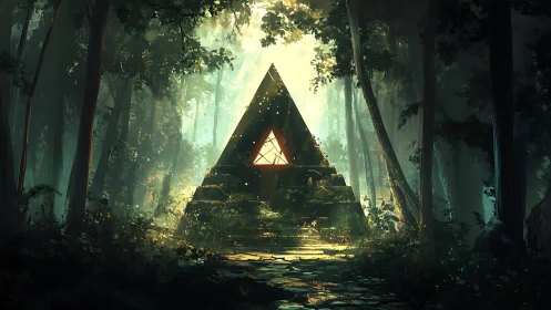 Illuminated pyramid structure in densely forested environment with atmospheric lighting