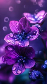 Purple Flowers with Dew Drops in Soft Focus.