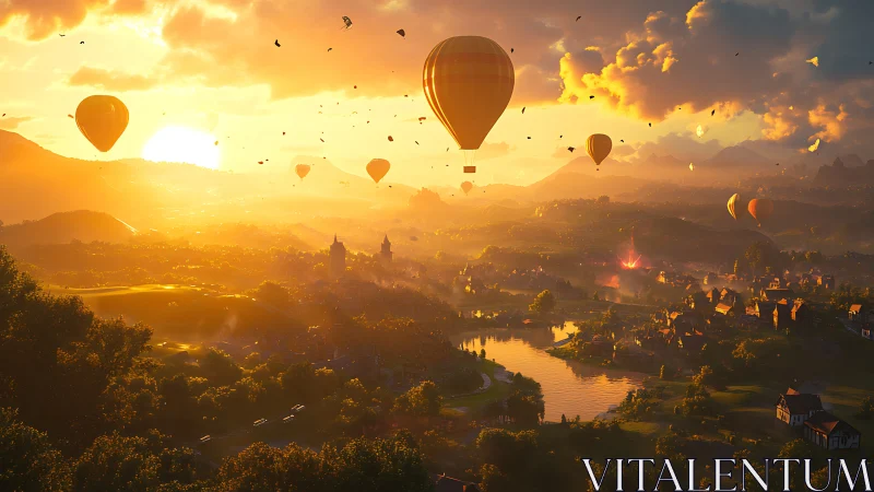 Sunlit valley with hot air balloons over tranquil village.