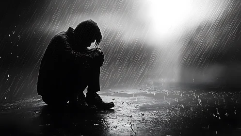 Silhouetted figure sits alone in heavy nighttime rain
