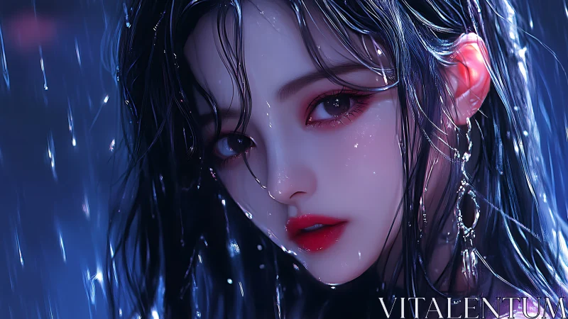 Luminescent rain portrait with high-chroma ocular focus.