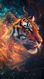 Cosmic tiger portrait with luminous nebula fire trails.