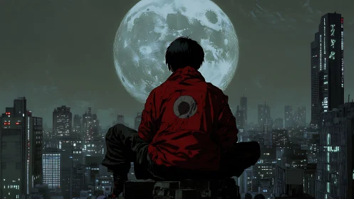 Lone red rider broods above neon city beneath colossal moon.