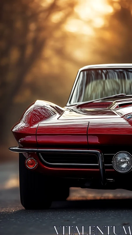 Sunlit crimson classic prowls a glowing autumn roadway.