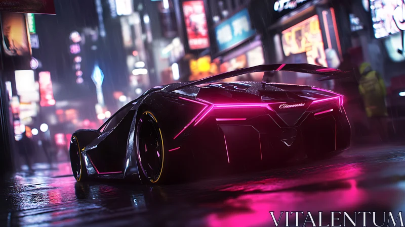 Futuristic supercar shows neon rear lights on wet night street
