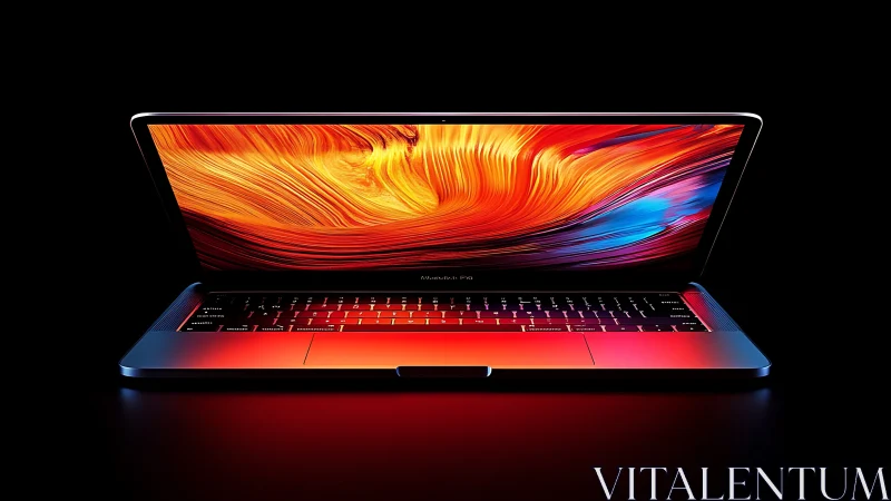 Laptop with vivid abstract display under dramatic lighting.