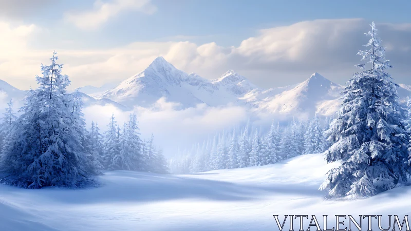 Snow-covered conifer forest extends toward distant mountain ridge