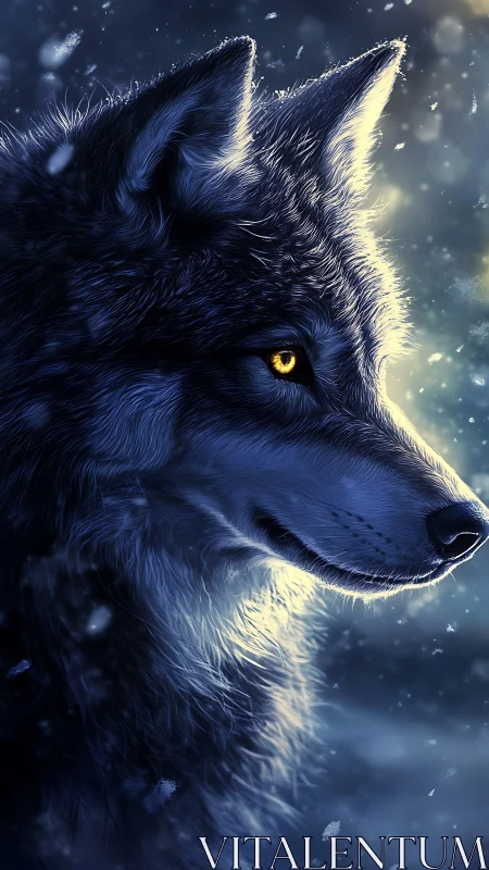 Luminous golden eyed wolf portrait in cold moonlit snowfall