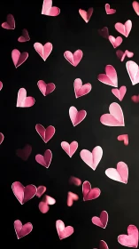 Pink paper hearts float against dark background with soft bokeh glow