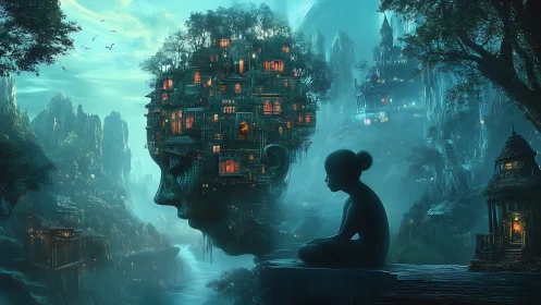 Meditative child before luminous head-shaped forest city.