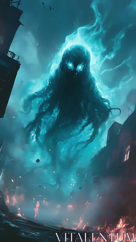 Luminescent spectral entity hovers over burning urban street