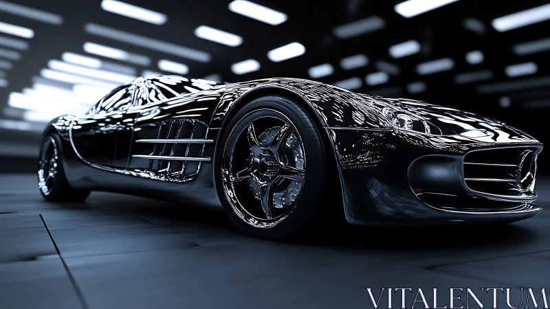 Low-angle view of reflective black sports car in studio.