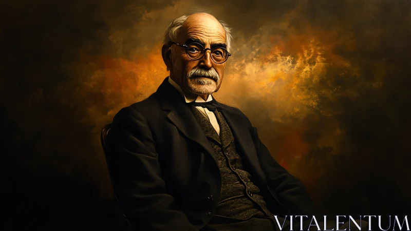 Elderly scholar portrait against dramatic warm backdrop.