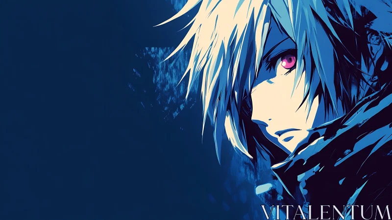 Midnight rebel with electric gaze in deep blue calm.