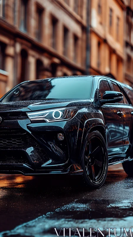 Midnight SUV prowl on rain-glossed city cobblestones.