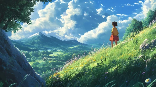 Child on a sunlit hillside, dreaming toward distant mountains.