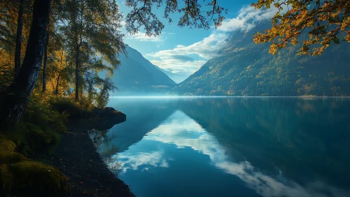 Lacustrine mountain basin with axial mirror-symmetry reflection.