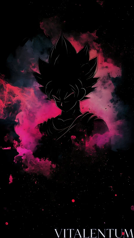 Silhouetted anime warrior emerges through neon cosmic smoke.