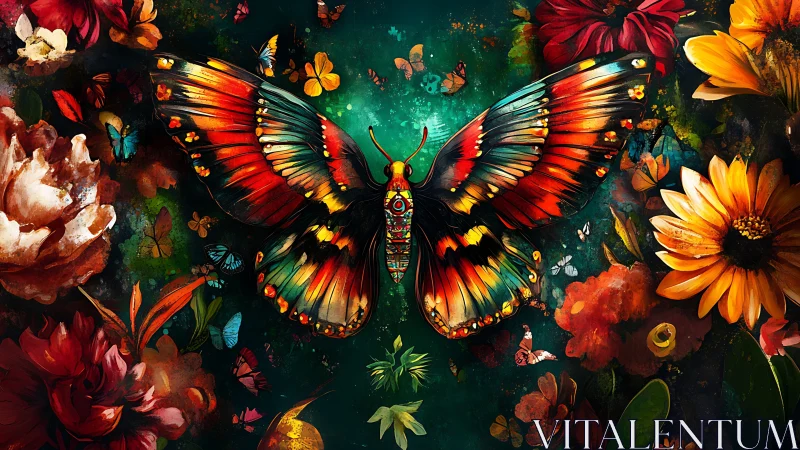 Vibrant multicolored butterfly centered in lush floral field.