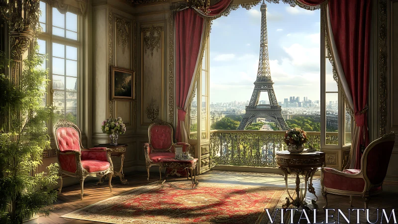 Elegant Paris salon interior with Eiffel Tower view.