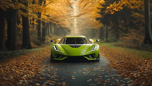 Lime green supercar gliding through a golden autumn tunnel.