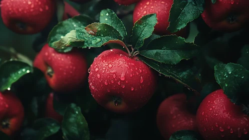 Red apples on tree branches with rain droplets at close range.