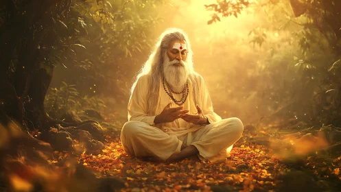 Forest sage in golden meditation amid drifting autumn light.