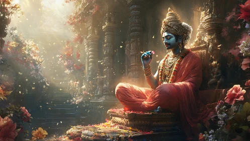 Blue-skinned deity seated in ornate flower-filled temple.