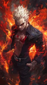 White-haired male figure stands before dense stylized flames