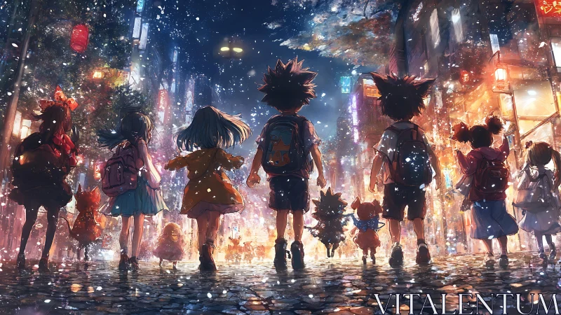 Anime children walk through glowing city street snowfall.