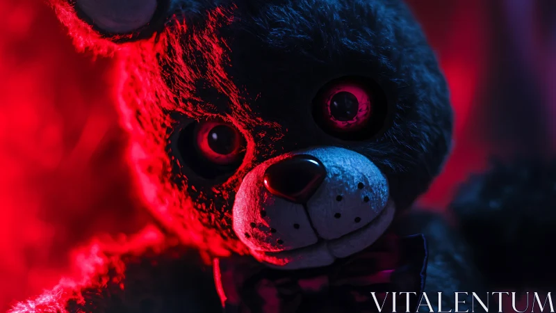 Creepy plush bunny portrait in dramatic red-blue lighting.