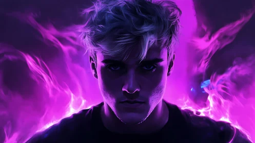 Brooding cyber mage framed by swirling violet flames.