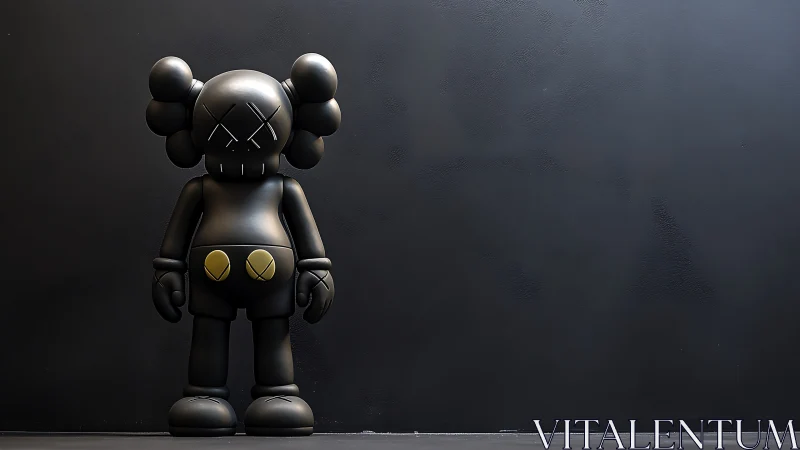Matte black designer toy sculpture stands against minimal wall