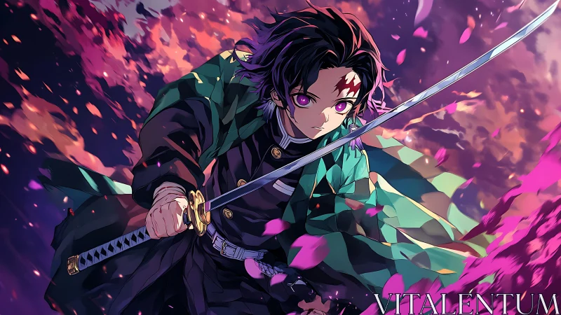 Sword-wielding anime warrior in dynamic cherry blossom vortex