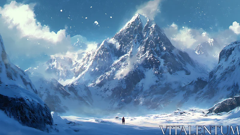 Vast alpine colossus towering above lone explorer.
