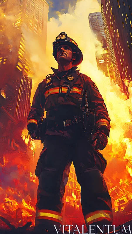 Brave Firefighter in Flames: A Hero's Determined Stand.