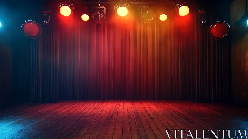 Empty stage glows under restless red and amber spotlights.