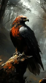 Ember-feathered eagle broods above a mist-drowned forest.