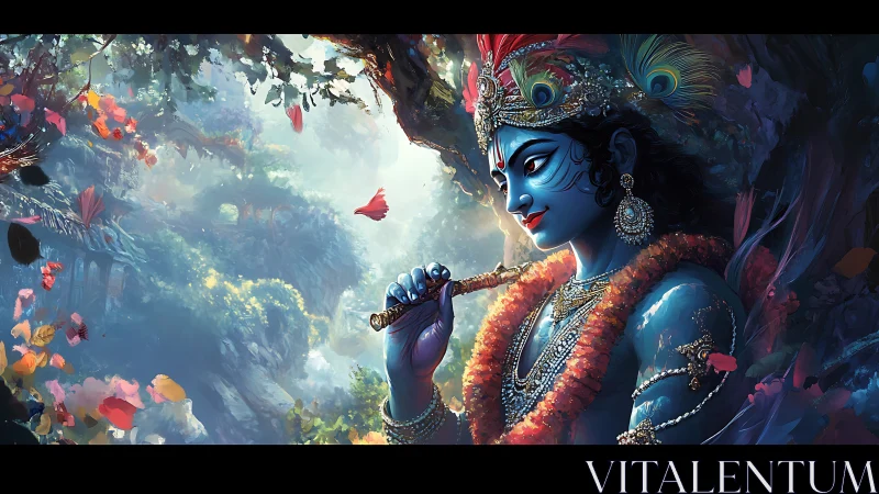 Blue-skinned flute player stands in dense, colorful forest