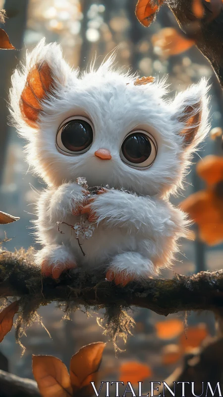 Fluffy forest creature on mossy branch in autumn light.