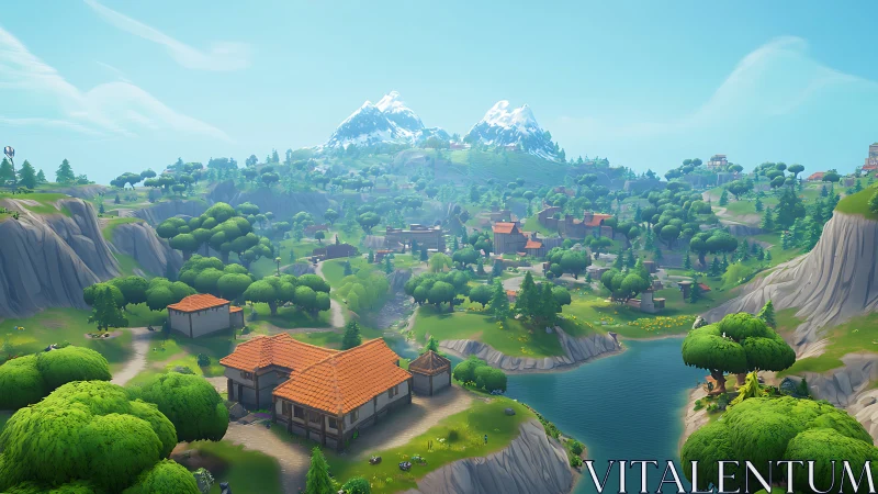 Layered valley settlement beneath snow-capped mountain peaks