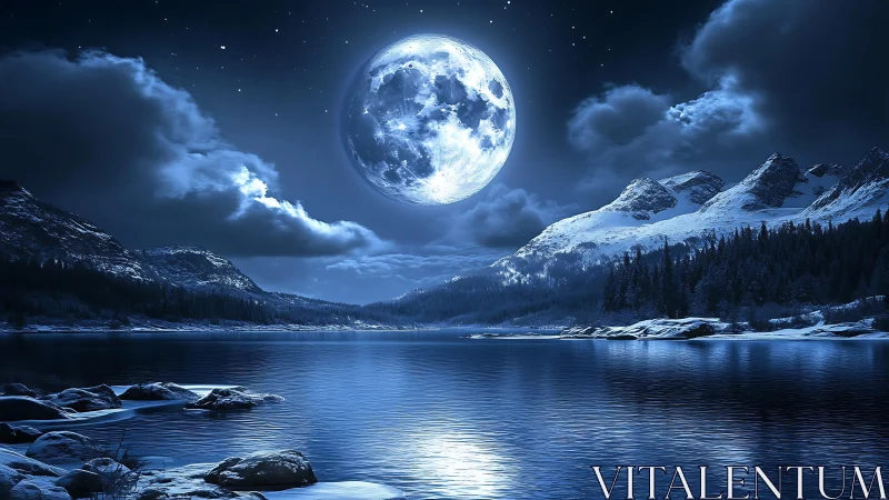 Hyper-detailed lunar-lit alpine lake with specular water reflections