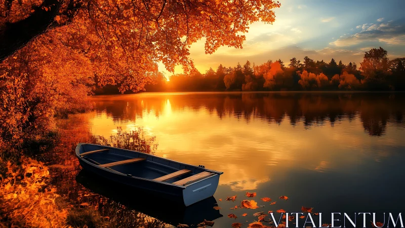 Autumnal lakeshore rowboat under high-saturation sunset radiance.