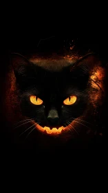 Midnight black cat smiles with glowing jack o&rsquo; lantern charm