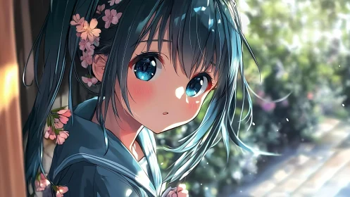 Chromatic anime portrait with floral hair accents in bokeh light.