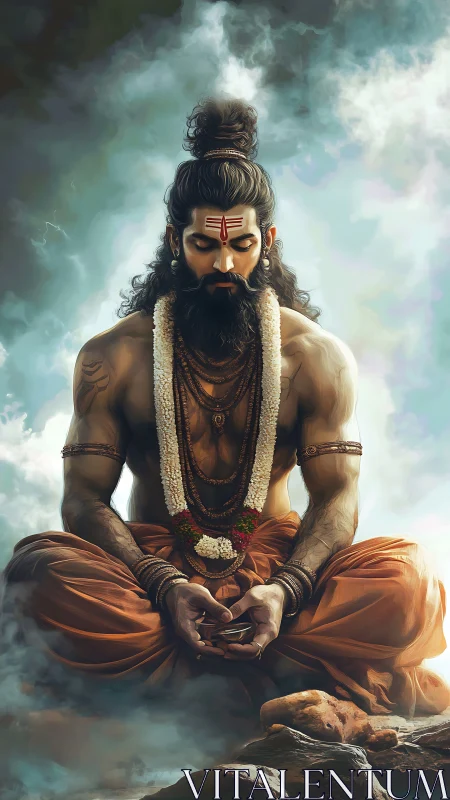 Meditating Hindu sage amid clouds in divine stillness.