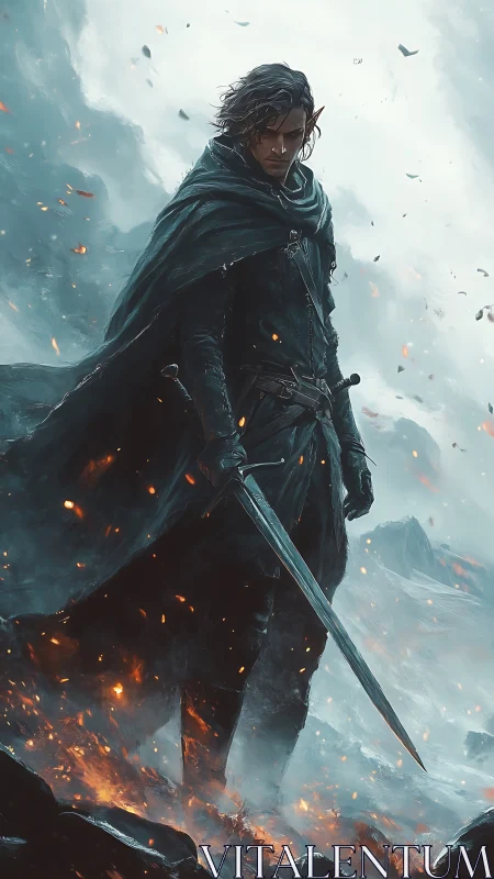 Elf warrior stands over fiery rocky ground in storm