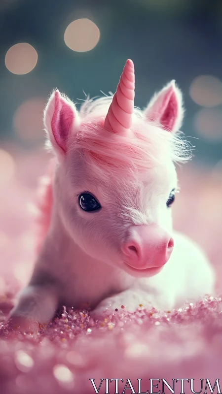 Baby unicorn lies on glittery pink surface in soft focus
