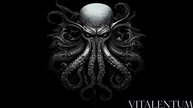 Monochrome Lovecraftian cephalopod bust with ornate tendrils